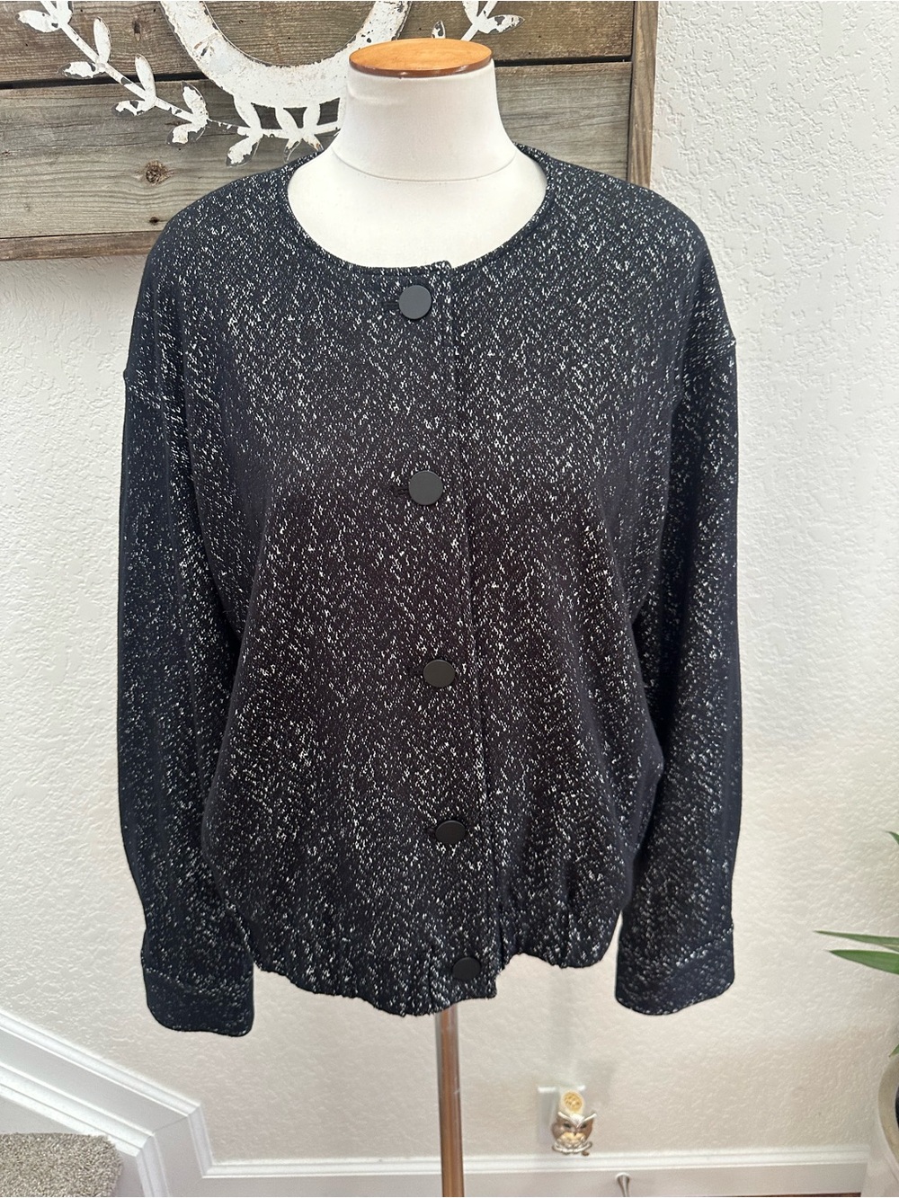 Spanx Black Speckled Button-Front Women's Bomber Jacket size XL